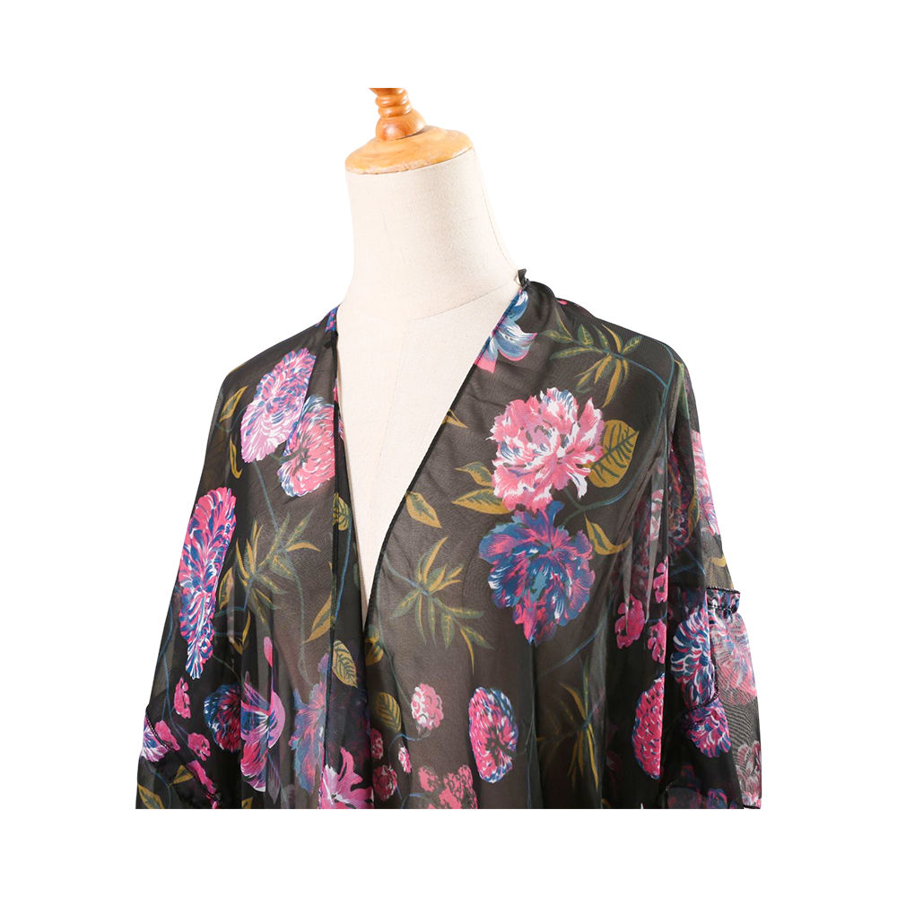 Cló bláthanna na mban sleeve puff chiffon kimono cardigan clúdach scaoilte suas bairr blúsléinte ócáideach